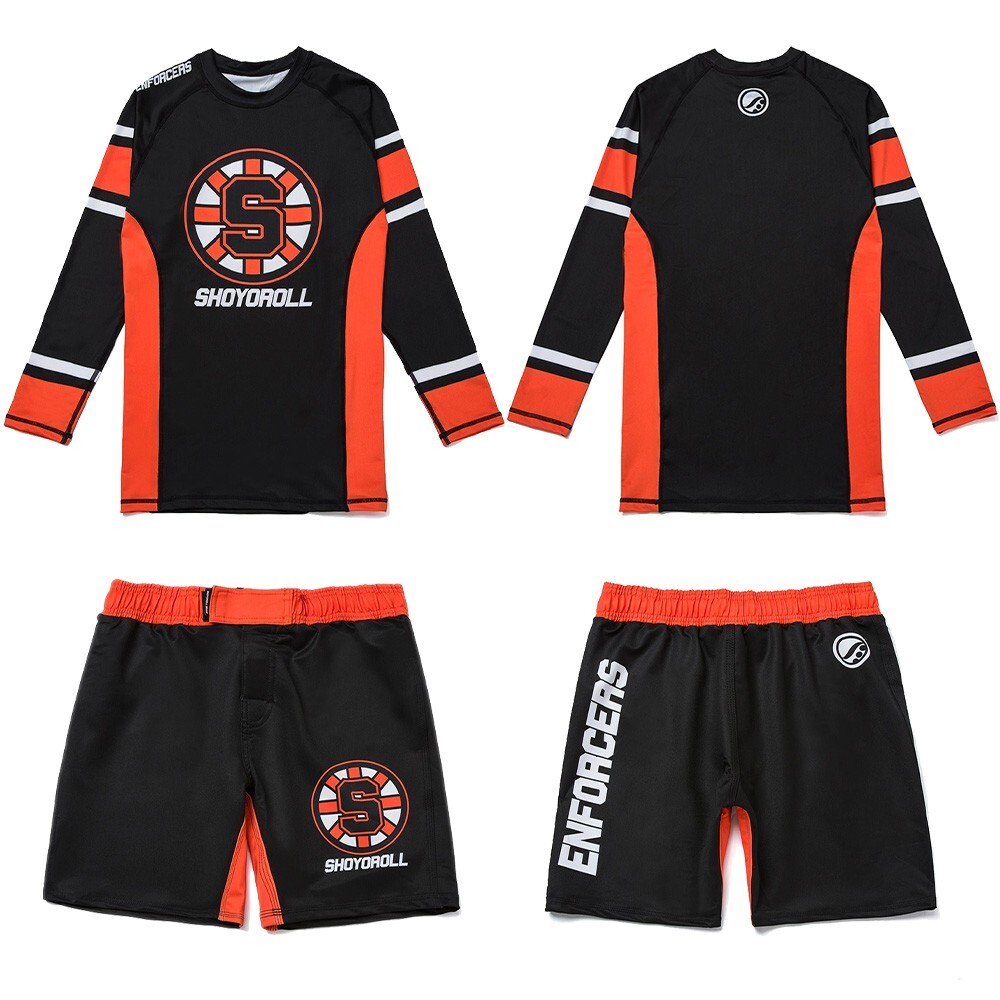 Shoyoroll Batch #131 Enforcers Rash Guard LS & Training Fitted Shorts Jiu Jitsu