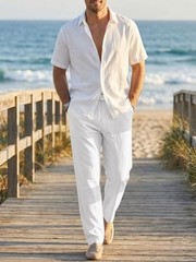 Mens 100% Cotton Pants Casual Elastic Waist Drawstring Medium 1 White