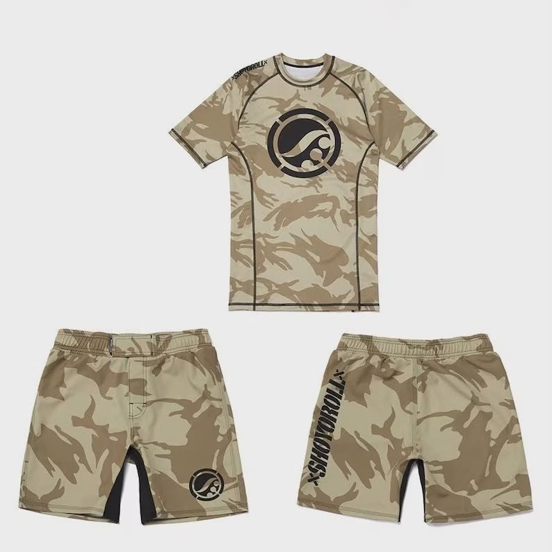 Shoyoroll Tan Camo Training Rash Guard SS & Fitted Shorts No Gi Competitor Set
