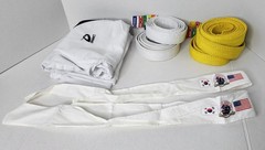 Dynamic Taekwondo Uniform Set Size 0/140 w/4 Belts 2 Headbands CMA TKD