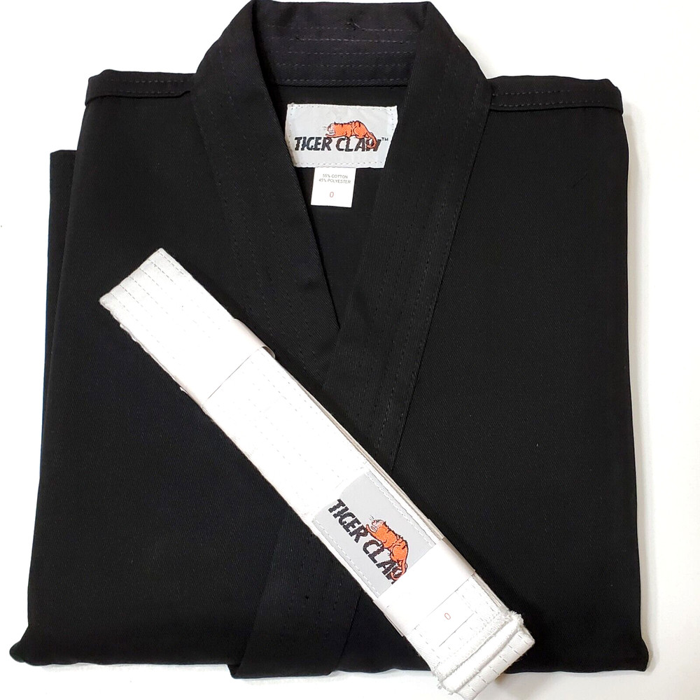 Tiger Claw Sparmaster Martial Arts Uniform Black Kids Size 0/130 White Belt Incl