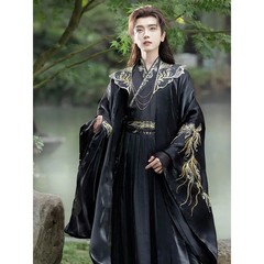 Unisex Black Hanfu Cloud Shoulder Embroidery Swordsman Cosplay Costume Unisex