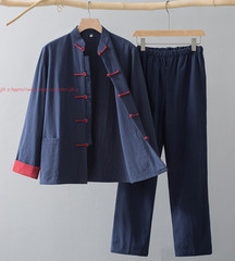 Men Chinese Traditional Linen Cotton Tai Chi Kung Fu Uniform buckle Shirt+pants