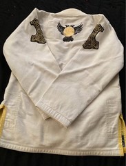 Raven Fightwear Women’s Size F2 White Yellow BJJ Gi with Thor VS Jörmungandr