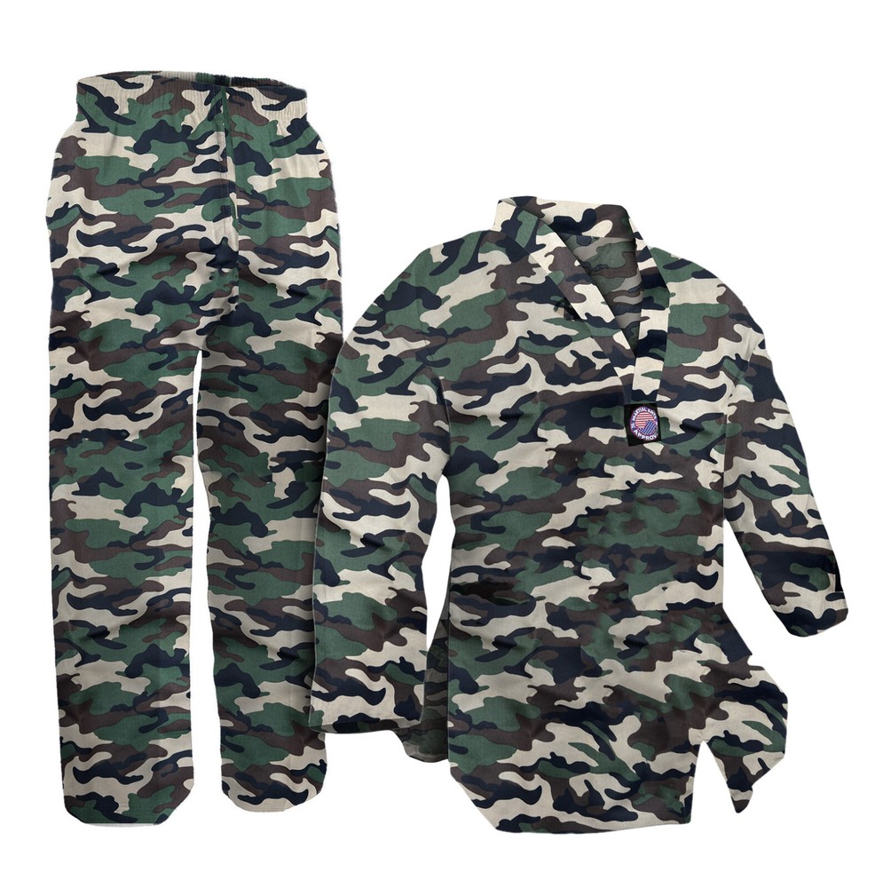 V-Neck Green Woodland Camo Taekwondo Karate Gi Uniform Team Demo Martial Arts