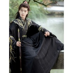 Unisex Black Hanfu Cloud Shoulder Embroidery Swordsman Cosplay Costume Unisex
