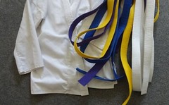 Karate Martial Arts Uniform Jacket & 4 Belts Blue Purple Yellow White & Headband
