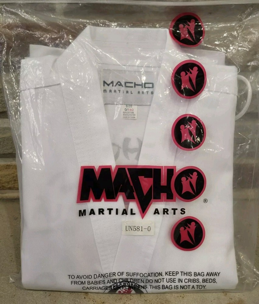 Macho Martial Arts Uniform – White – Tie Front Unisex Karate Brand New – Size 0