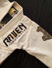 Raven Fightwear Women’s Size F2 White Yellow BJJ Gi with Thor VS Jörmungandr