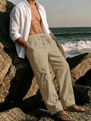 Men Casual Cotton Linen Pants, Elastic Drawstring Waist Large Dark Khaki
