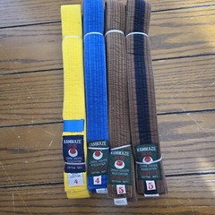 4 NOS Kamikaze Karate Belt Obi Japan Karate Association brand brown Blue Yellow