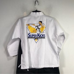 Unisex Martial Arts Super Kicks Masters Club Jacket & Belt, Size 1/150 – White