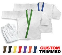 Tang Soo Do Trimmed White Uniform Gi TSD Gi Elastic Waist, Red Green Blue Black