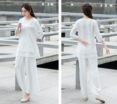Women Tai Chi Yoga Outfits Set Top+pants Martial Arts Kung Fu Linen suit Vintage
