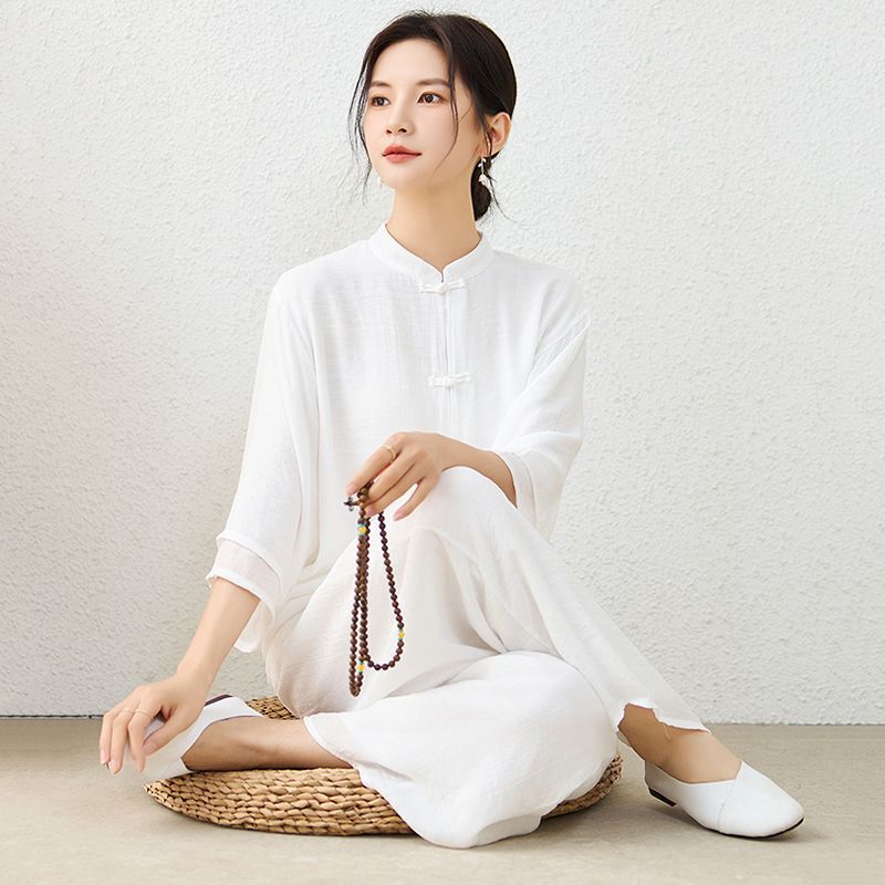 Yoga Suit Cotton and Linen Zen Suit Stand-up Collar Medium-sleeved Top