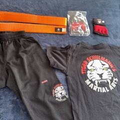 Tiger Schulmann’s Martial Arts Kids Uniform Set – Pants, Shirt, YL Gloves & Belt