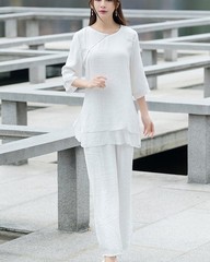 Women Tai Chi Yoga Outfits Set Top+pants Martial Arts Kung Fu Linen suit Vintage