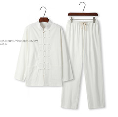 Chinese Traditional Tang Suit Kung Fu Tai Chi Uniform Men Linen Shirt+Pants Set