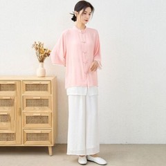 Yoga Suit Cotton and Linen Zen Suit Stand-up Collar Medium-sleeved Top