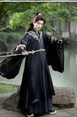 Unisex Black Hanfu Cloud Shoulder Embroidery Swordsman Cosplay Costume Unisex
