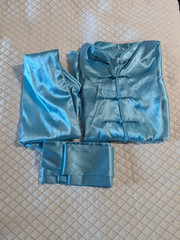 Satin Uniform, tai chi kung fu wing chun, top pants belt, blue, long sleeve