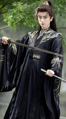 Unisex Black Hanfu Cloud Shoulder Embroidery Swordsman Cosplay Costume Unisex