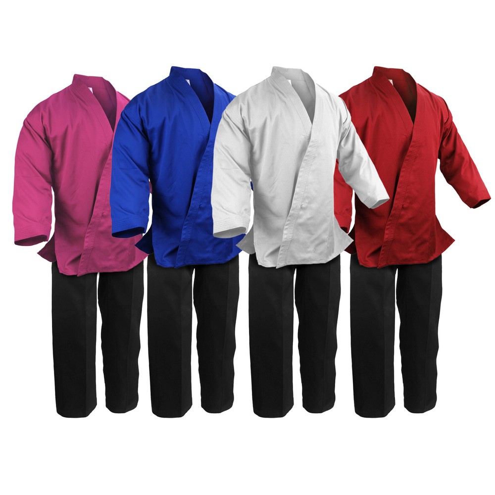 Martial Arts Karate Gi White Blue Pink or Red Kimono w/ Black Pants Uniform Gi