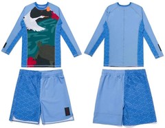 Albino and Preto Origami Blue LS Rash guard MMA Training Short set all size
