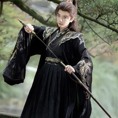 Unisex Black Hanfu Cloud Shoulder Embroidery Swordsman Cosplay Costume Unisex