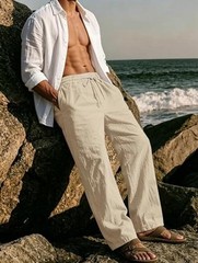 Men Casual Cotton Linen Pants, Elastic Drawstring Waist X-Large Light Khaki